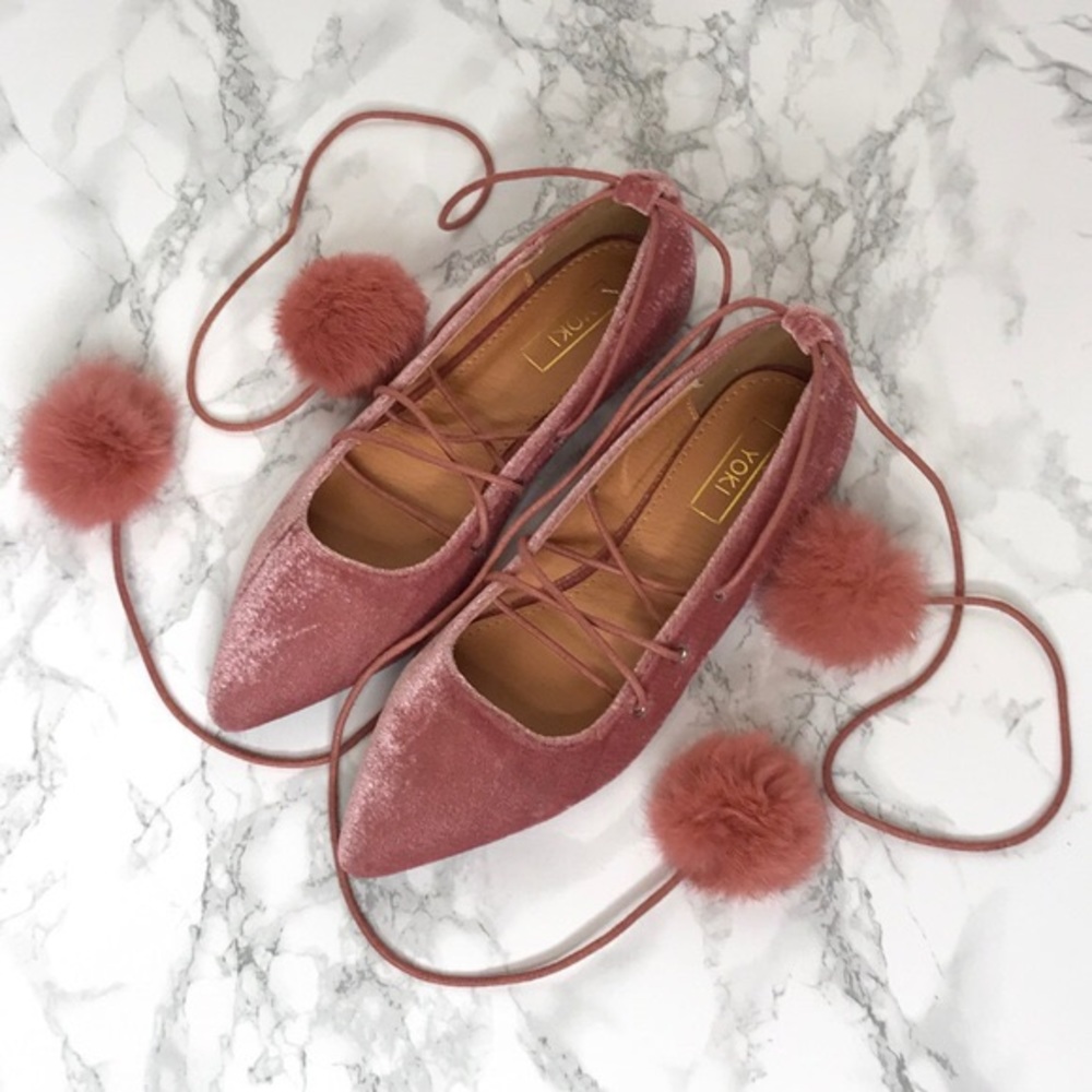 Yoki | 7.5 | Velvet Lace Up Pink PomPom Flats